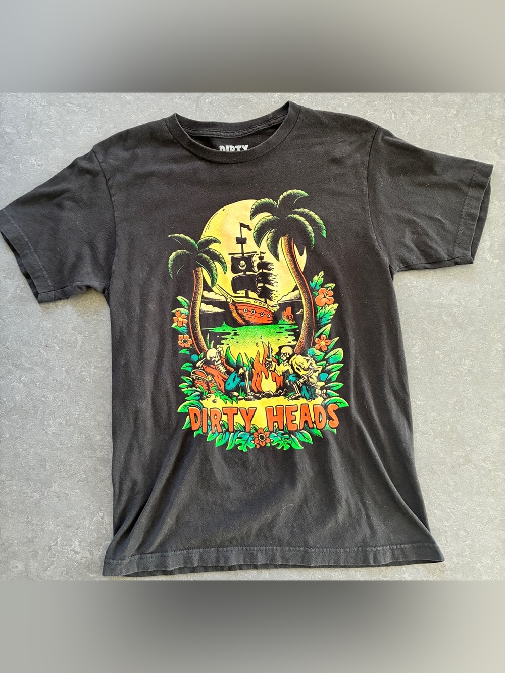 Black Graphic Tee - Tropical Pirate Campfire Design
